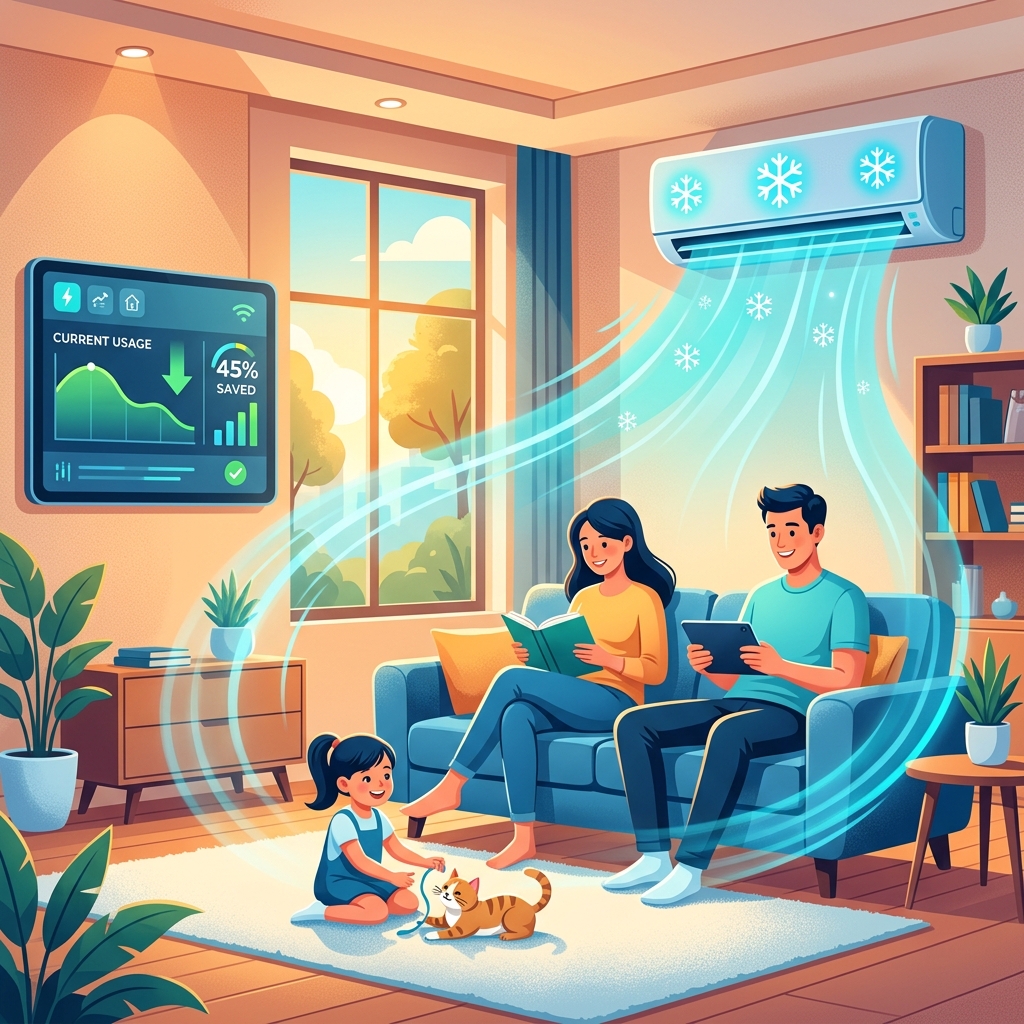 Smart electricity usage and cooling comfort illustration
